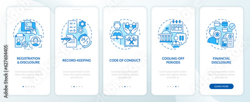 2D thin line icons representing lobbying government mobile app screen set. 5 steps graphic instructions, UI, UX, GUI template.