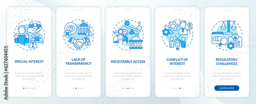 2D blue linear icons representing lobbying government mobile app screen set. 5 steps graphic instructions, UI, UX, GUI template.