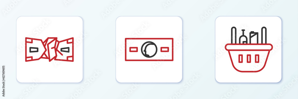 Set line Shopping basket and food, Crumpled paper money cash and Paper icon. Vector Set line Shopping basket and food, Crumpled paper money cash and Paper icon. Vector