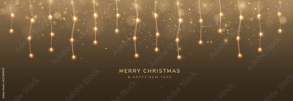 Christmas Background with Glowing Christmas Lights and Glitter Particles. Vector illustration