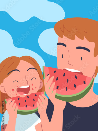Happy Father and His Daughter Eat Watermelon Spend Time Together Vector Illustration