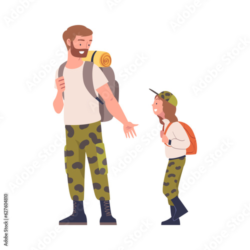 Happy Father Hiking with His Daughter Walking and Spend Time Together Vector Illustration