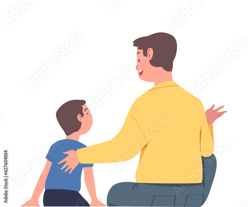 Happy Father Talking to His Son Spend Time Together Vector Illustration