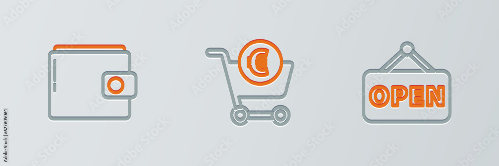 Set line Hanging sign with Open, Wallet and Shopping cart and euro icon. Vector