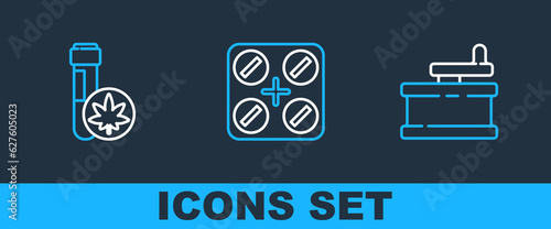 Set line Manual grinder, Chemical test tube with marijuana and Medical pills icon. Vector