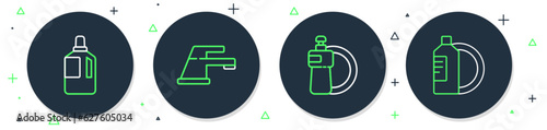 Set line Water tap, Dishwashing liquid bottle and plate, Fabric softener and icon. Vector
