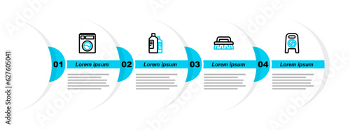 Set line Wet floor and cleaning in progress, Brush for, Bottles agent and Washer icon. Vector