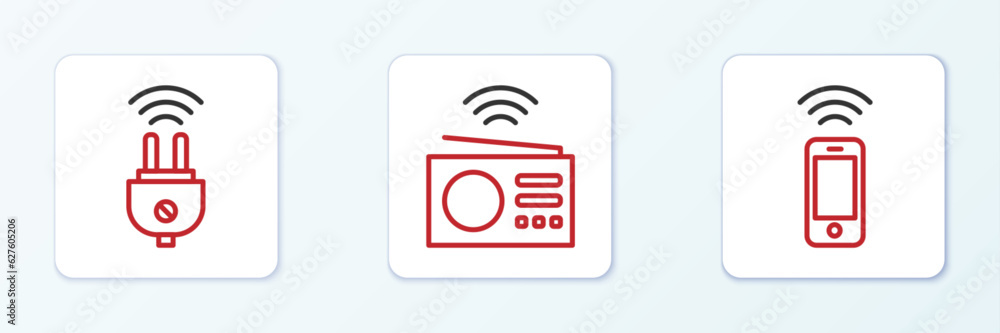 Set line Wireless smartphone, Smart electric plug and radio icon. Vector Set line Wireless smartphone, Smart electric plug and radio icon. Vector