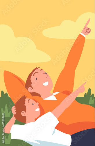Happy Father and His Son Watch Sky Walking and Spend Time Together Vector Illustration