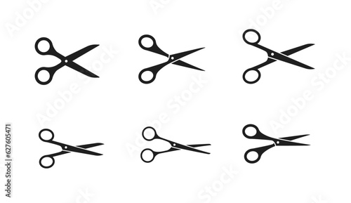 Scissor line icon set, Black scissors cut lines on