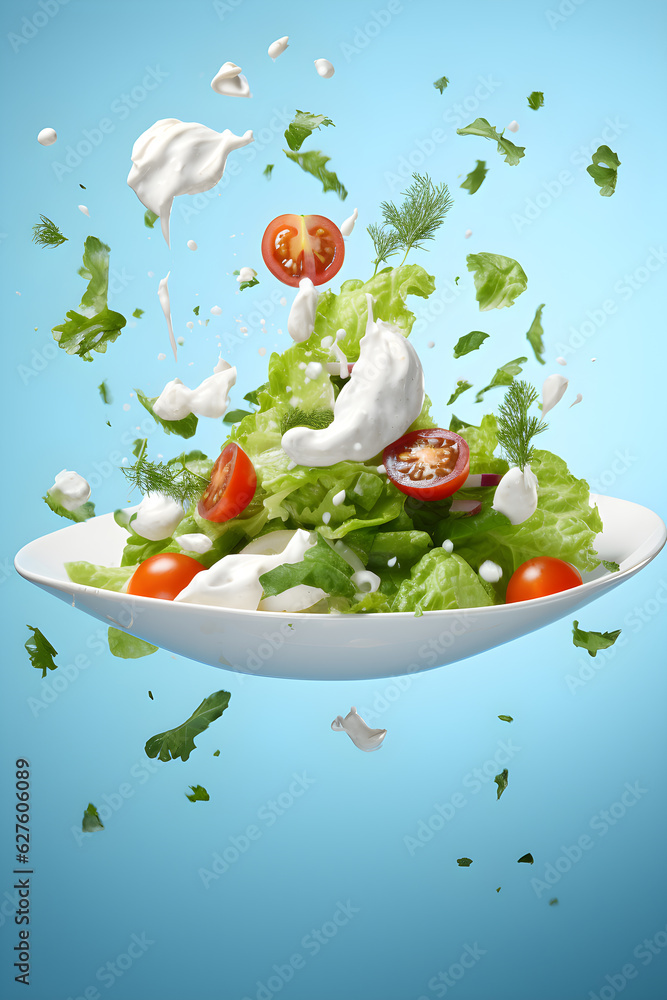 a clean detailed studio photo of a bowl with colorful healthy cesar salad with feta, lettuce and tomatoes flying in the air on gradient background. Food ingredient levitation. Generative AI technology a clean detailed studio photo of a bowl with colorful healthy cesar salad with feta, lettuce and tomatoes flying in the air on gradient background. Food ingredient levitation. Generative AI technology