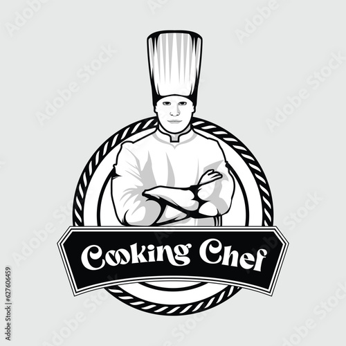 Cooking Chef Badge Emblem, Vintage Detailed Logo Vector Black and White