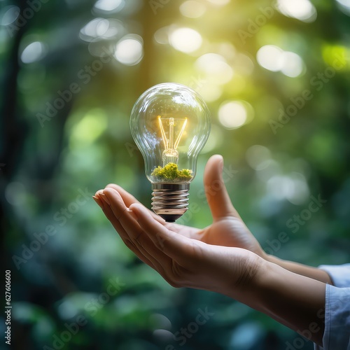 Hand holding light bulb ideas on a background of blurred green trees Ecological efficiency energy efficiency concept Together with the conservation of alternative energy
