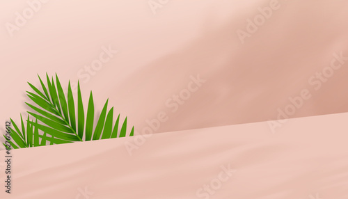 Studio background with palm leaves and shadow on beige wall background.Vector Empty Product Display Podium with coconut leaf,Backdrop for Cosmetic, Skincare, Beauty Presentation