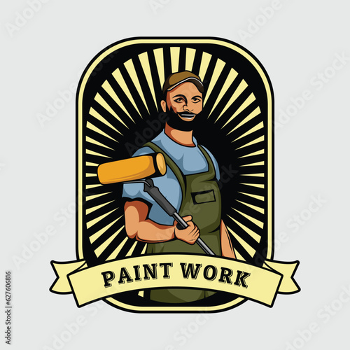 Paint Work Badge Emblem, Paint Worker Vintage Detailed Logo Vector Colorful