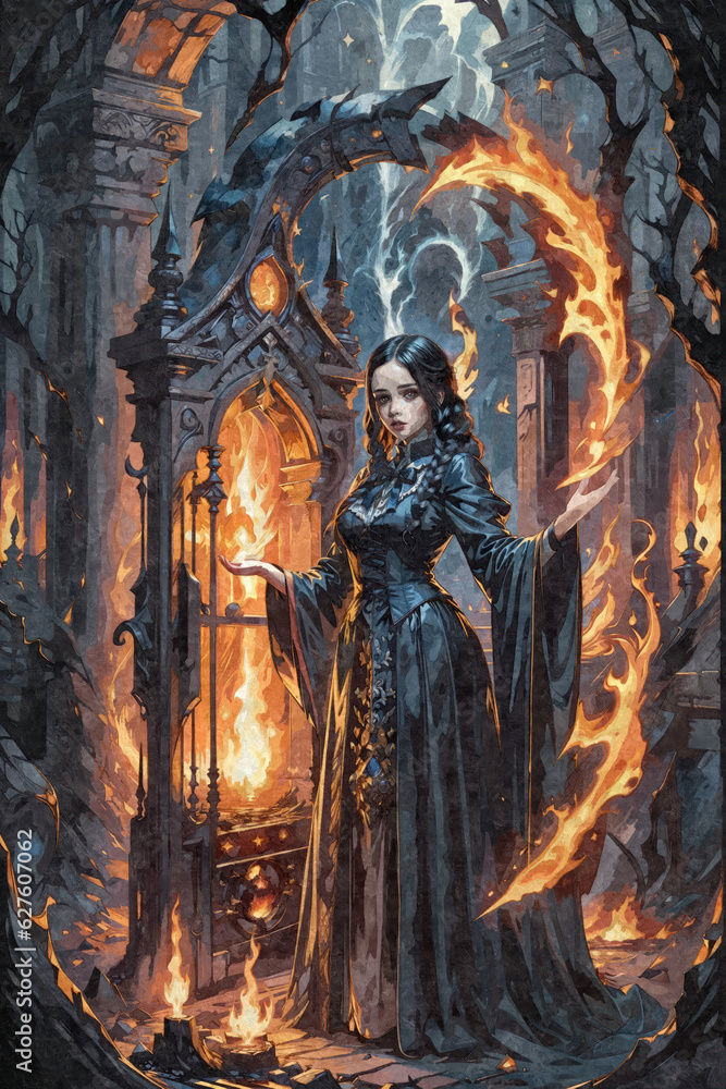 Dark witch and fire in ruins