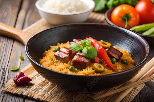  a mouthwatering and realistic painting of a delicious rice meal with aromatic curry, featuring colorful vegetables and tender pieces of meat in the curry | Generative AI