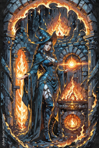 Dark witch and fire in ruins