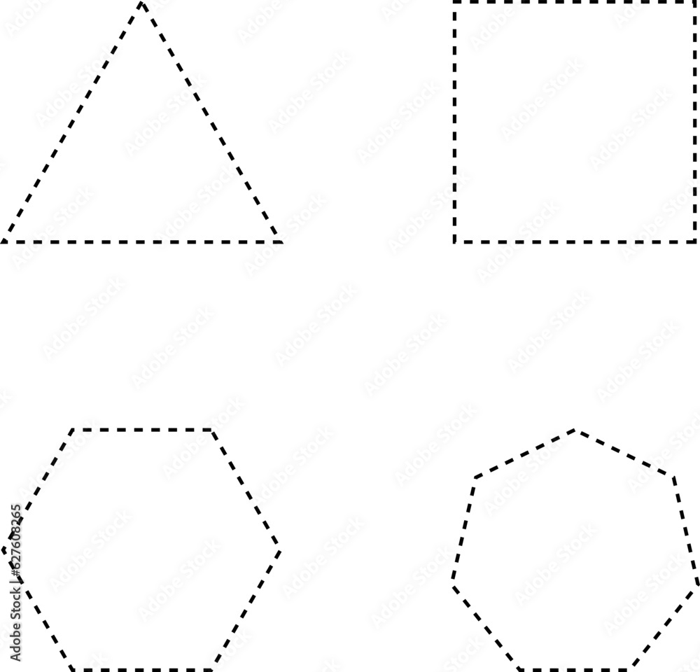 Dashed line basic geometric shapes. Dashed outline of circle, oval, square, triangle and star. Icon of cut frame. Vector illustration