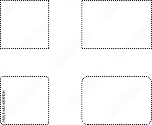 Dashed line basic geometric shapes. Dashed outline of circle, oval, square, triangle and star. Icon of cut frame. Vector illustration