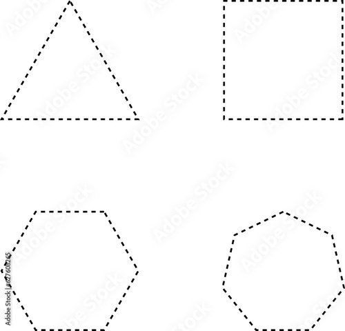 Dashed line basic geometric shapes. Dashed outline of circle, oval, square, triangle and star. Icon of cut frame. Vector illustration