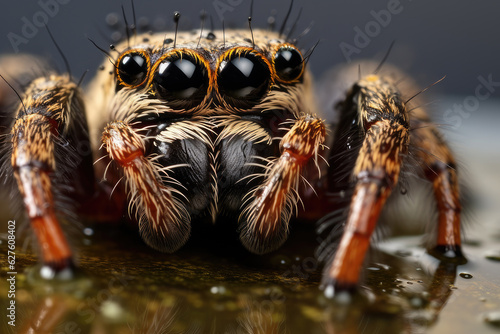 realistic of a jumping-spider's with water droplets, ai generated.