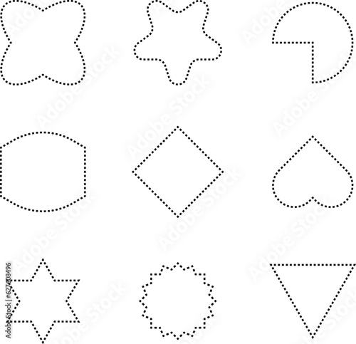 Dashed line basic geometric shapes. Dashed outline of circle, oval, square, triangle and star. Icon of cut frame. Vector illustration