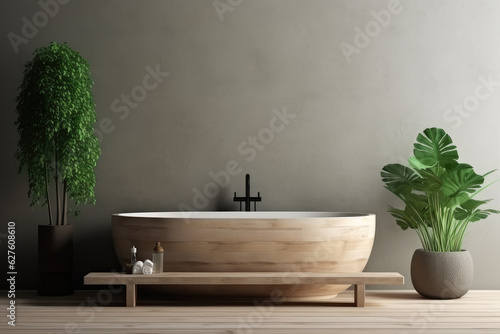 a bathroom background with a tub and plants on the wall  in the style of minimalist stage designs  green academia  ai generated.