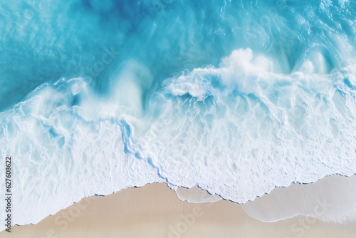 a blue water wave in the beach, in the style of teal and beige, spectacular backdrops, ai generated.