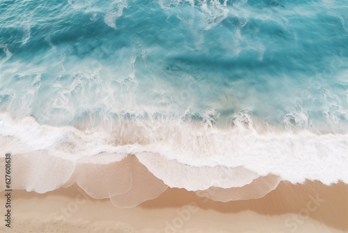 a blue water wave in the beach  in the style of teal and beige  spectacular backdrops  ai generated.