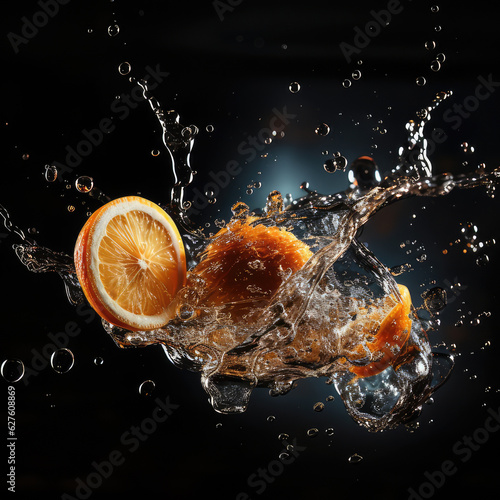 Blurry images of soda bubbles splashing with orange in the dark background , ai generated.