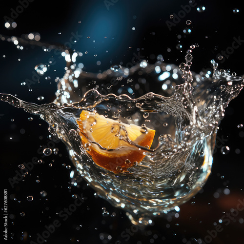 Blurry images of soda bubbles splashing with orange in the dark background , ai generated.