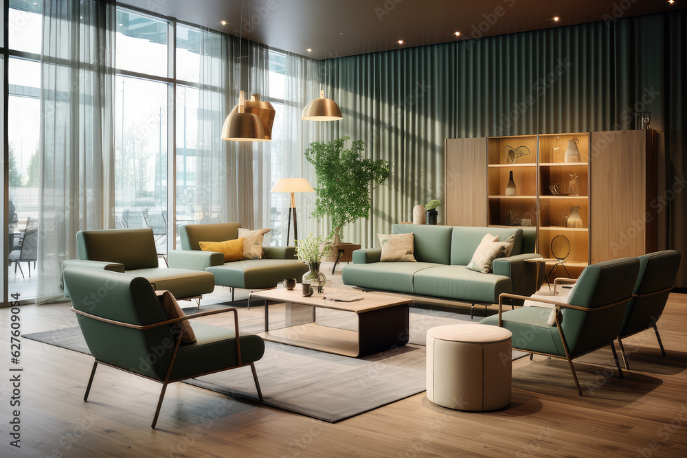 Fototapeta premium A small modern living room, cleverly designed for functionality and style, ai generated. 