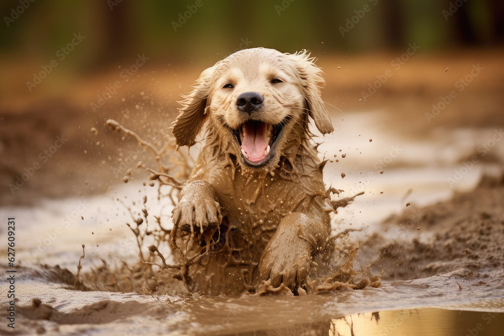 A realistic playful little puppy golden retriever splashing gleefully in a mud puddle, ai generated. A realistic playful little puppy golden retriever splashing gleefully in a mud puddle, ai generated.