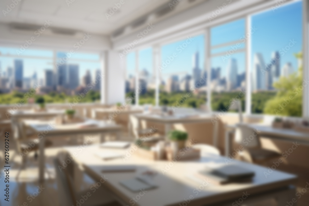 Blurred workplace with cityscape, office in morning or afternoon, interior for AI generated business presentation background Blurred workplace with cityscape, office in morning or afternoon, interior for AI generated business presentation background