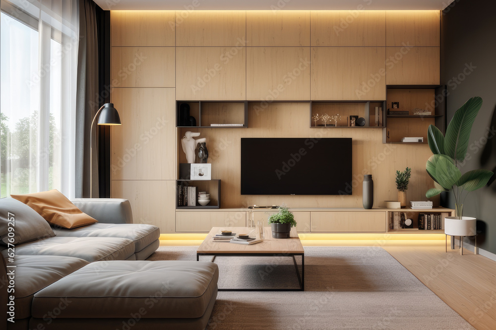A small modern living room, cleverly designed for functionality and style, ai generated.

