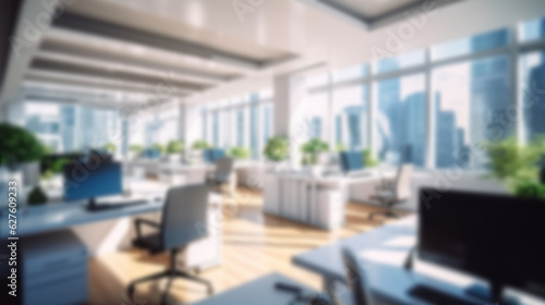 Blurred workplace with cityscape  office in morning or afternoon  interior for AI generated business presentation background