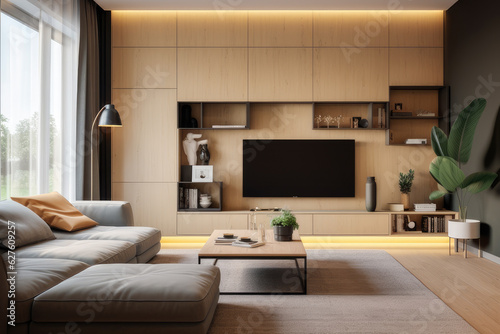 A small modern living room  cleverly designed for functionality and style  ai generated. 