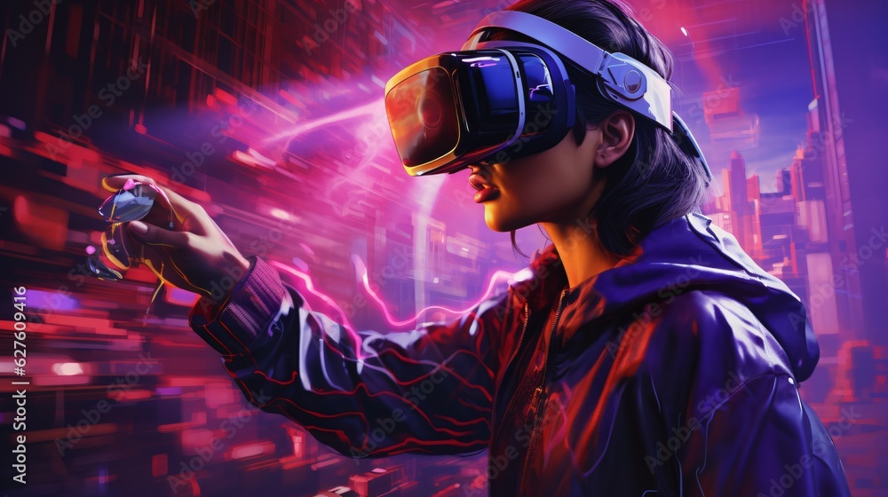Fototapeta premium person using a virtual reality headset, in the style of futuristic, sci-fi elements, ai generated.