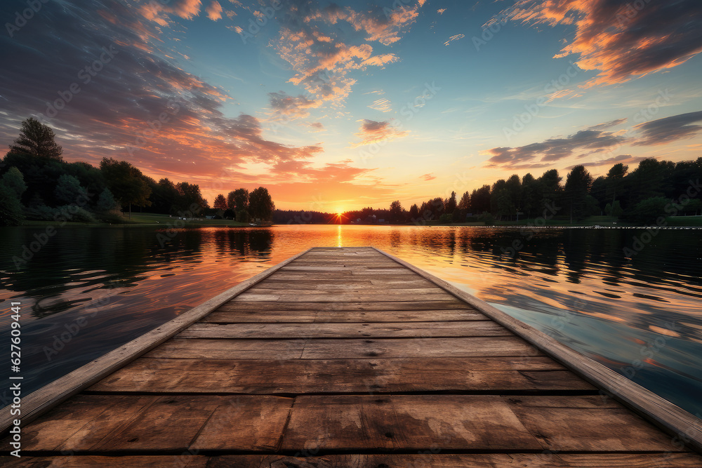 old wooden dock on lake at sunset stock photo, ai generated.