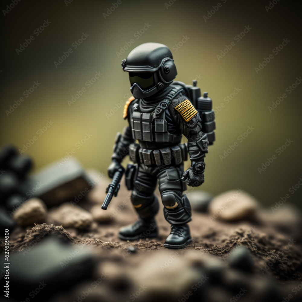 Macro photography of a miniature commando in forest with his arms figurine insert activity and object here. AI Generative
Macro photography of a miniature commando in forest with his arms figurine insert activity and object here. AI Generative