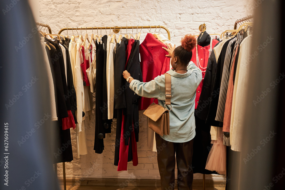 Back view at young woman browsing clothing racks in boutque or second hand shop, copy space Back view at young woman browsing clothing racks in boutque or second hand shop, copy space