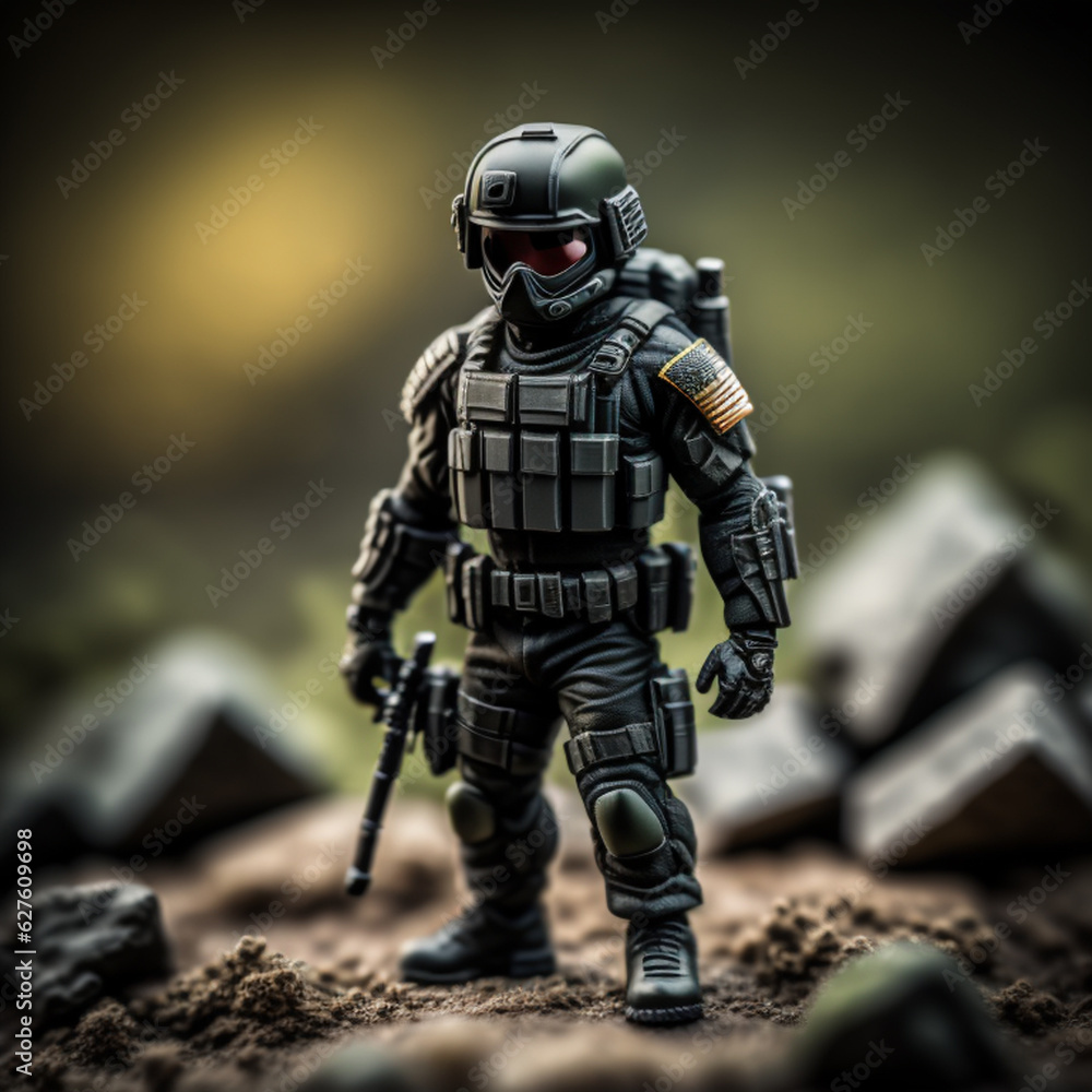 Macro photography of a miniature commando in forest with his arms figurine insert activity and object here. AI Generative
