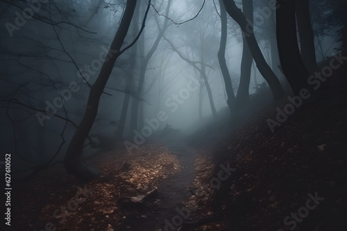 A captivating shot of a misty forest path, illuminated by the ethereal glow of ghostly apparitions, leading to an unknown and mysterious destination. Generative AI.