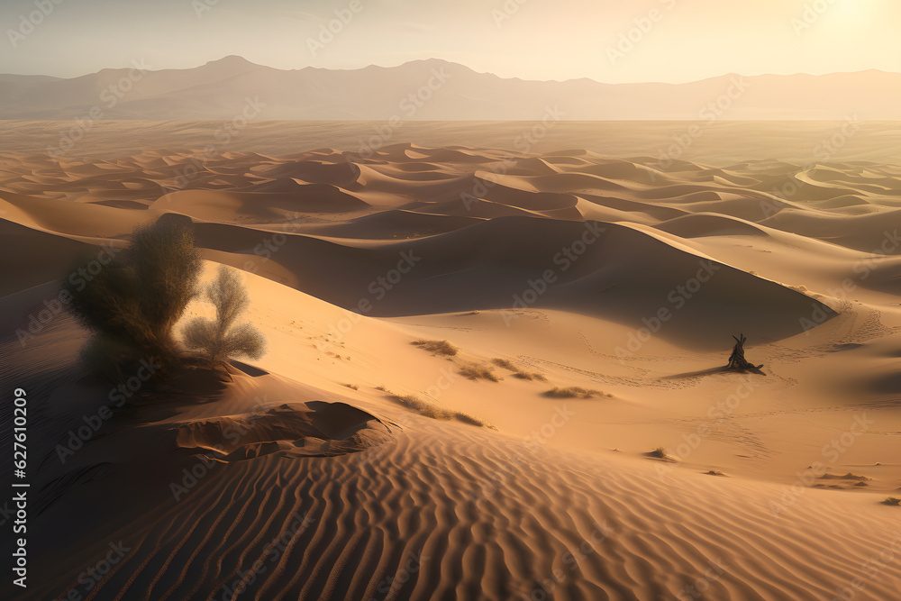 A desert scene where the sand dunes form the shape of ancient tales, while the wind whispers stories of old. Generative AI.