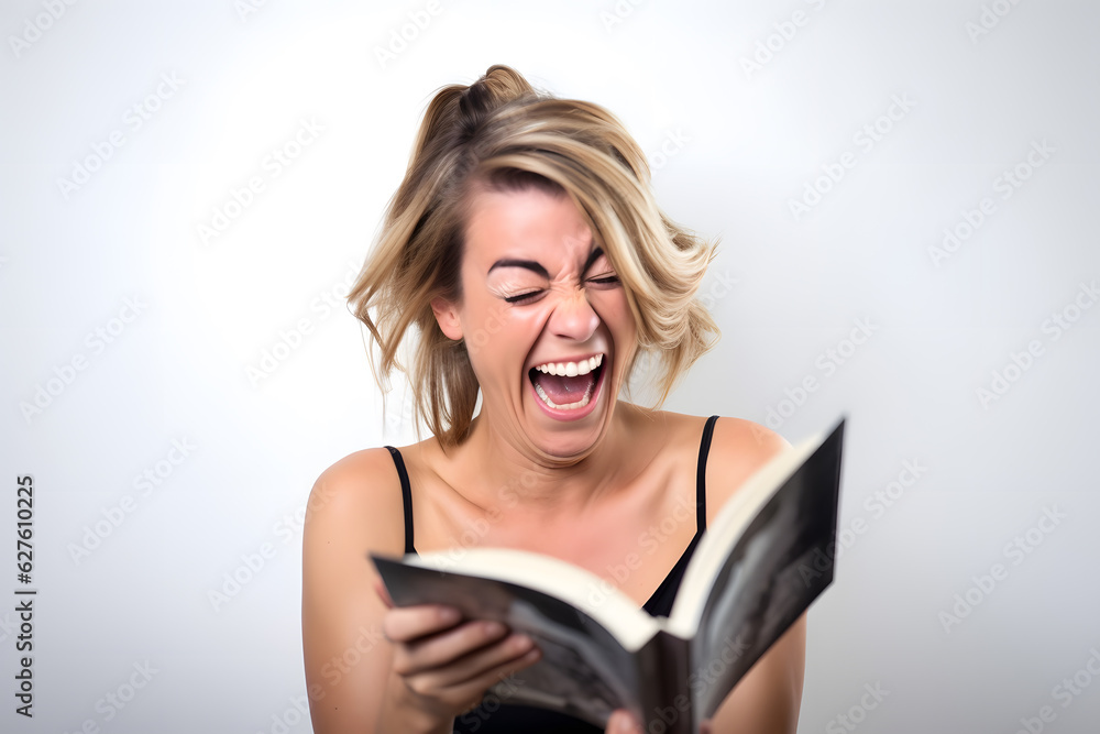 A Caucasian woman laughing uncontrollably while reading a funny book, isolated on perfect white background. Generative AI A Caucasian woman laughing uncontrollably while reading a funny book, isolated on perfect white background. Generative AI