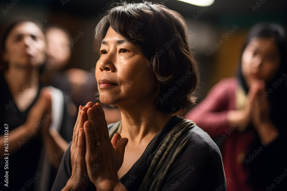 A middle-aged woman of East Asian descent passionately teaching a yoga class, guiding students toward physical and spiritual well-being. Generative AI