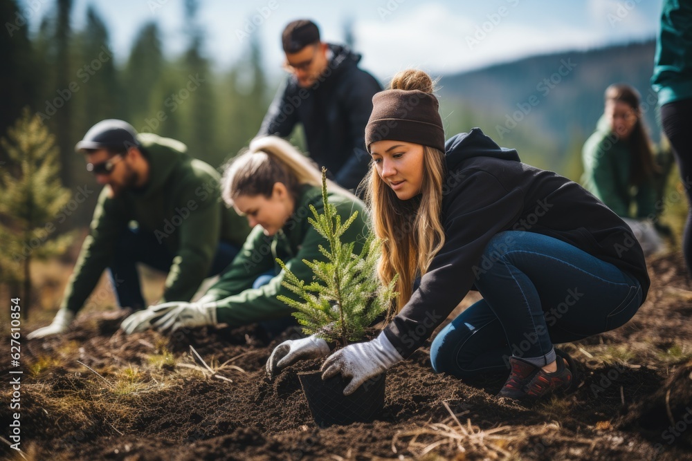 Volunteering. Young people volunteers outdoors reforestation. Generative AI Volunteering. Young people volunteers outdoors reforestation. Generative AI