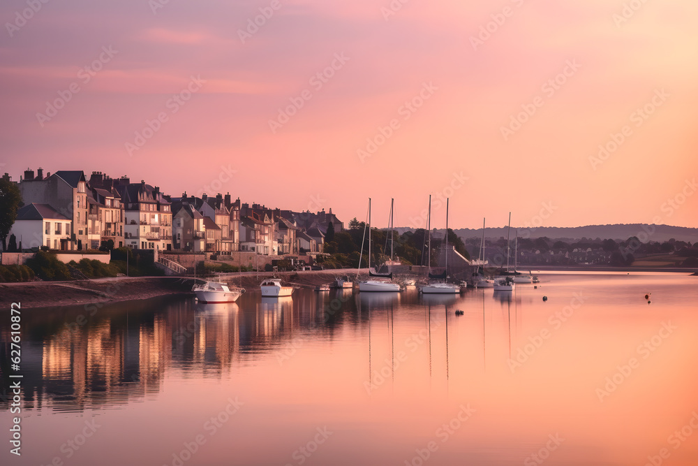 Serene sunset over a tranquil seaside town, with sailboats gently gliding on calm waters, evoking a sense of relaxation and coastal charm during the summer months. Generative AI