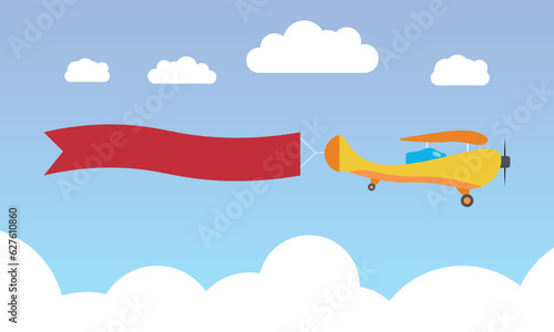 Cartoon Plane banner in flat style. Airplane advertisement vector illustration with copy text.